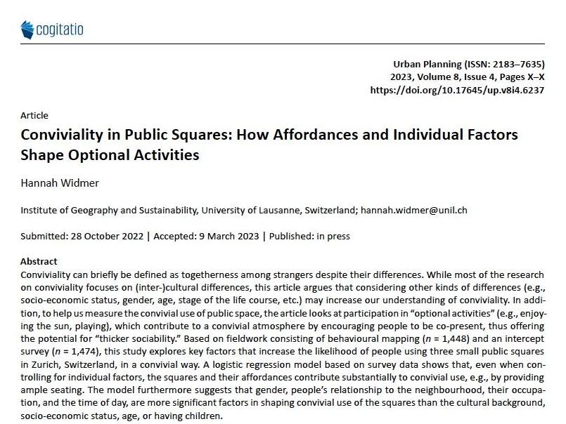 Publication de l'article "Convivialité sur la place publique: How Affordances and Individual Factors Shape Optional Activities"