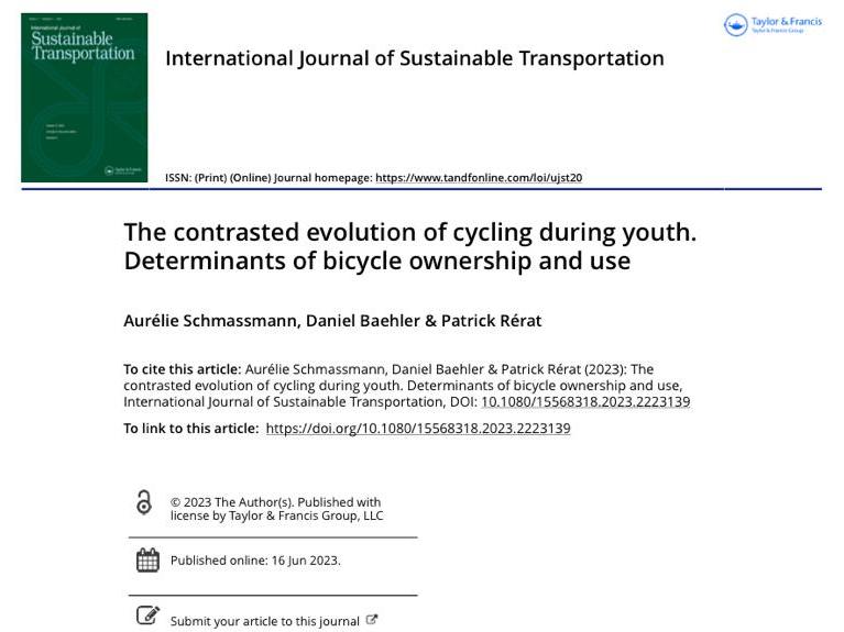 Publication de l’article « The contrasted evolution of cycling during youth. Determinants of bicycle ownership and use ». 