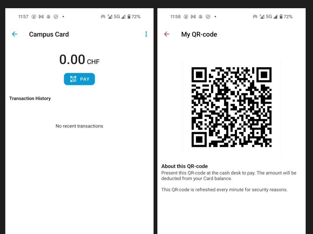 Le paiement  campuscard par QR est maintenant disponible dans l'application UNIL Campus
