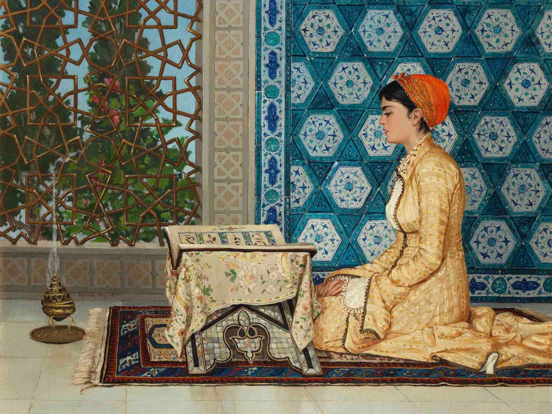 Jeune femme lisant le Coran par le peintre turc Osman Hamdi Bey , vers 1880. Huile sur toile 41,1 x 51 cm Coll. privée